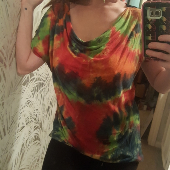 Tops - Tie Dye Red Green Yellow Sheer Back Cowl Neck